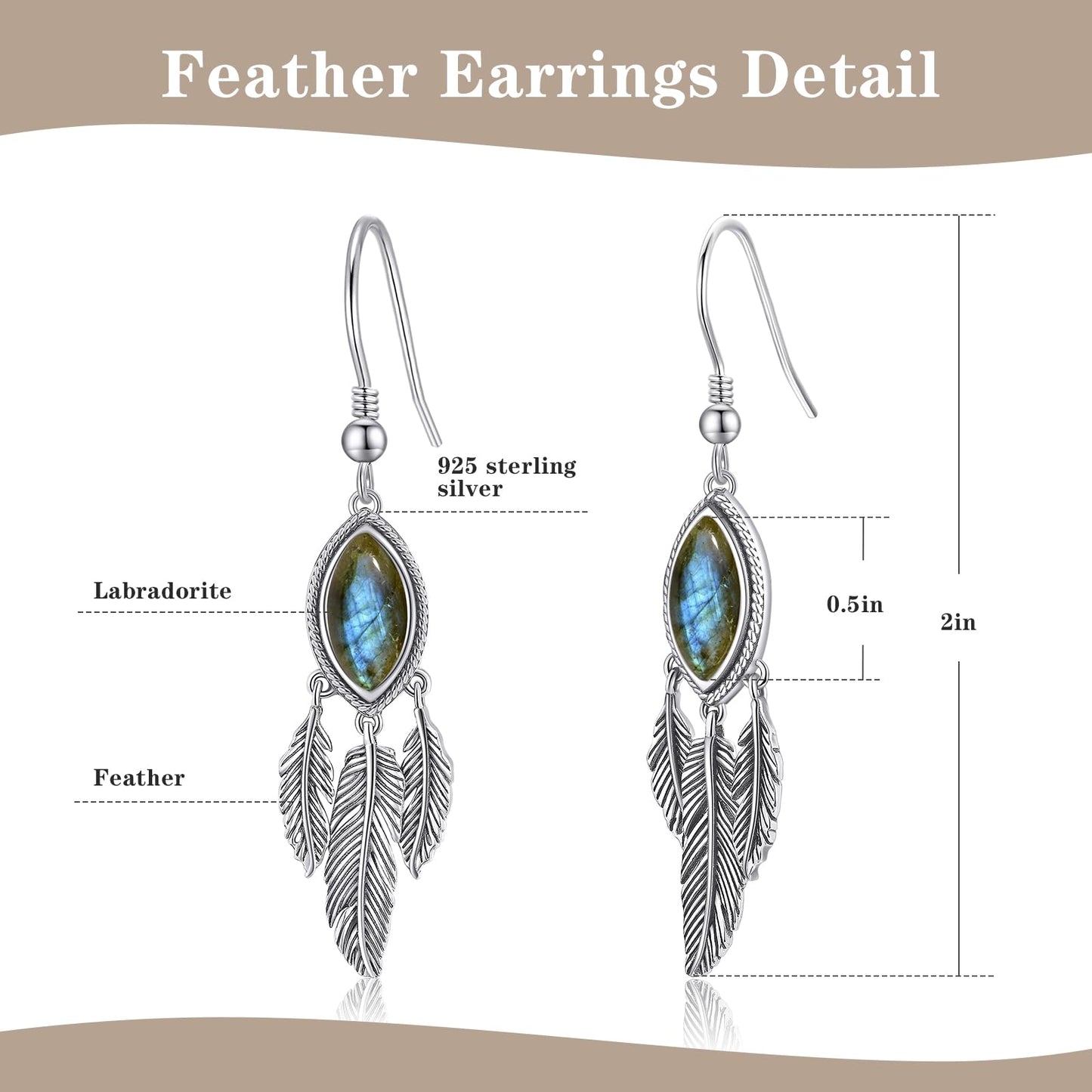 AVECON Labradorite Feather Dangle Earrings for Women 925 Sterling Silver Drop Earring Boho Leaf Statement Earrings Unique Hook Earrings Valentine's Day Vintage Feather Earrings Women's Jewelry
