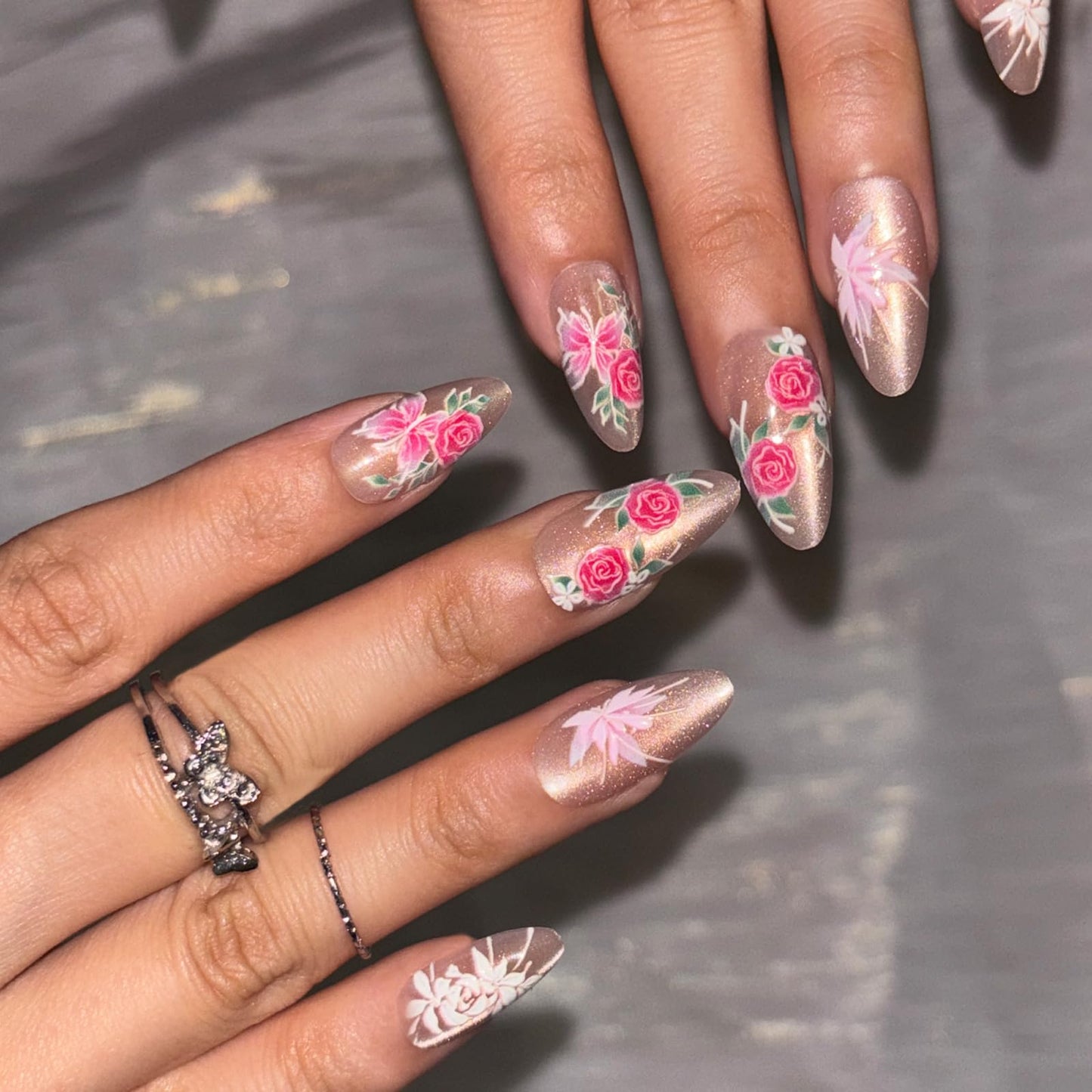 Spring Press on False Nails Gold Cat Eye Fake Nails Medium Almond Glue on Nails with Pink Flower Butterfly Designs Press ons Glossy Stick on Nail for Women Manicure 24Pcs