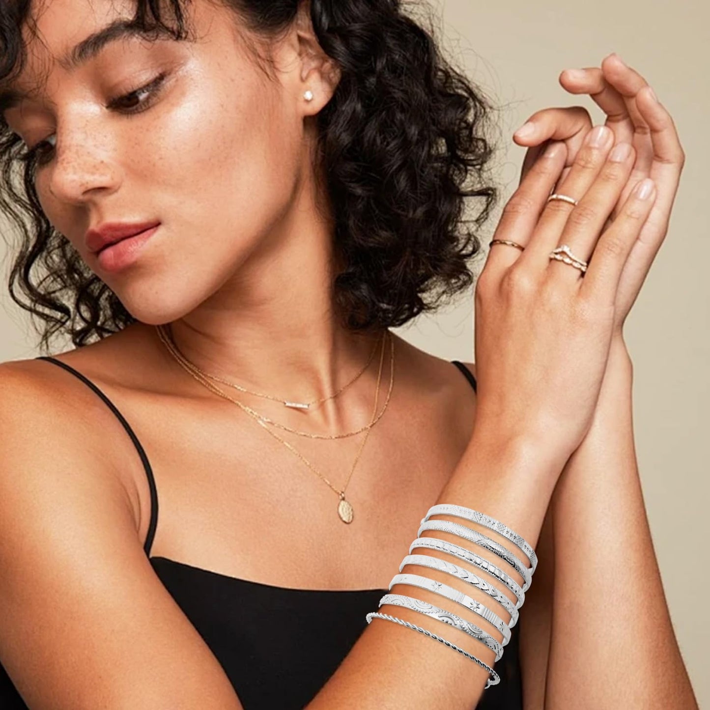 FUNOJOY Bangle Bracelets Set for Women, Multi Layer Stackable Cuff Bracelets, Boho Open Adjustable Bangle Jewelry Gift for Her