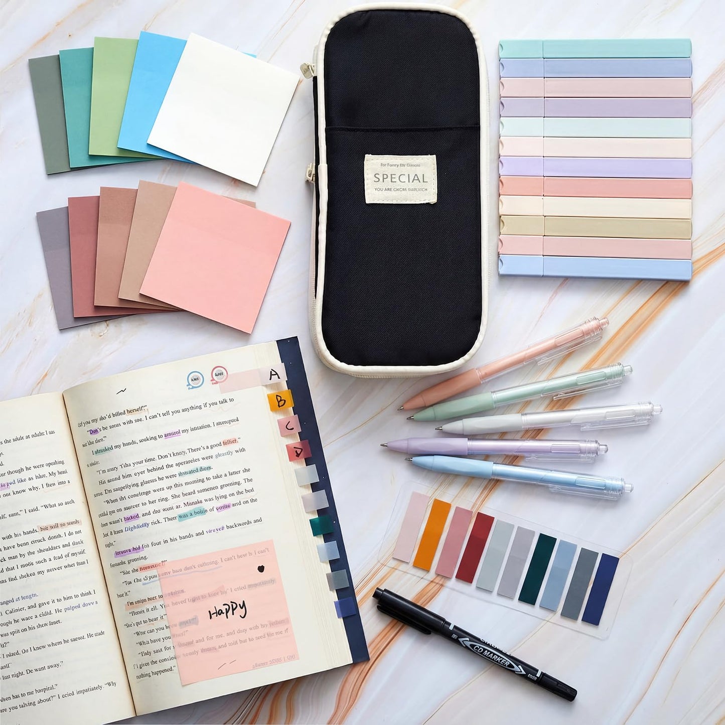 Jutom 39 Pcs Aesthetic Book Annotation Kit Highlighter with Pencil Case Bag Gel Pen Transparent Sticky Note Taking Bible Study College School Supplies(Black,Cute Style)