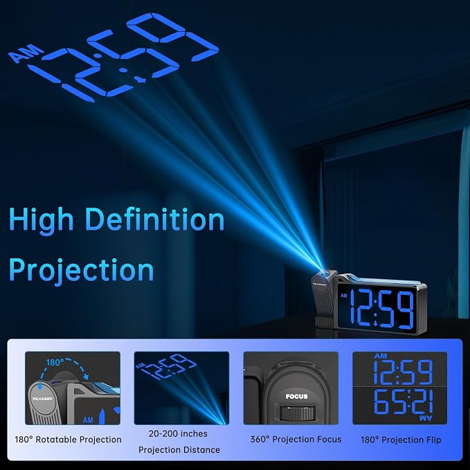 Peakeep Projection Alarm Clock for Bedroom Ceiling with Colorful Nightlight