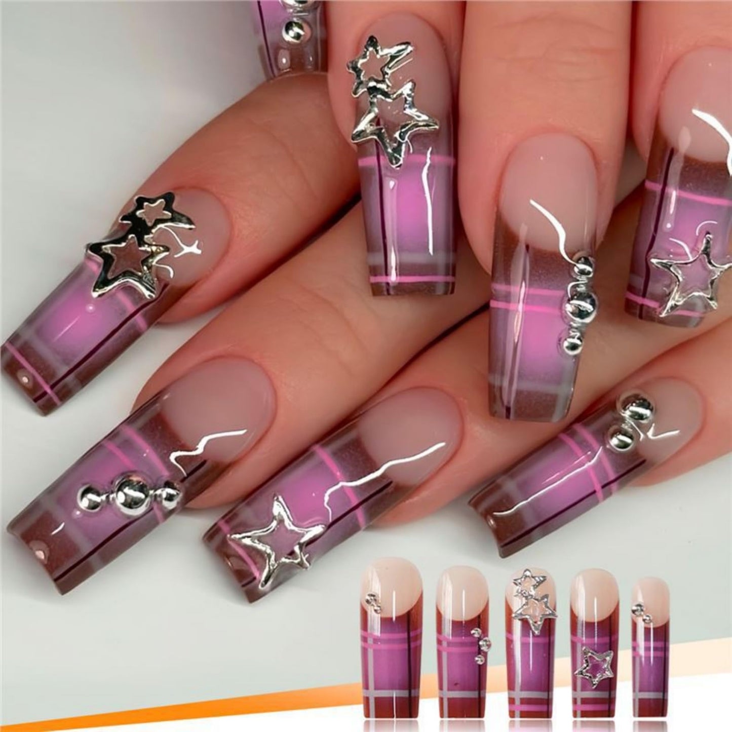 SEENEEY Square Press on Nails Long Fake Nails Purple Artificial Nail Silver Charm Stick on Nail for Women 24pcs
