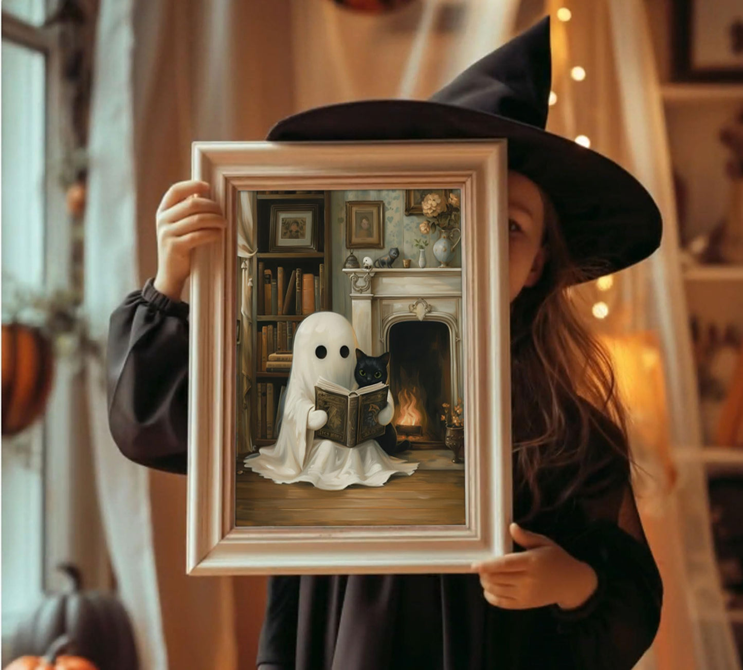 6Pcs Halloween Ghosts Wall Art Ghost Black Cat Funny Gothic Wall Decor Pictures Retro Horror Creepy Dark Academia Poster Prints for Bedroom Gallery Bar Home Decoration 8x10in Unframed
