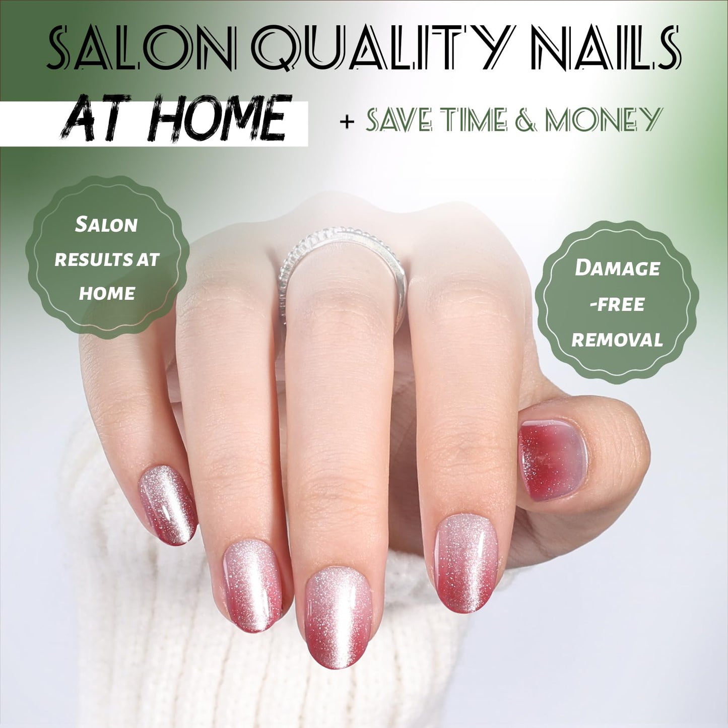 SEEWEE Pink French Tip Cat Eye Press On Nails Oval - Red Ombre Short Oval Fake Nails with Nail Glue, Pink Cateye Press On Nails Reusable Stick On Nails in 16 Sizes 32 Nail Kit | Salon Quality