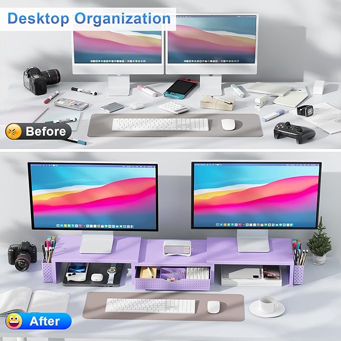 gianotter Dual Monitor Stand Riser, Desk Organizer With Drawer and 2 Pen Holders, Desk Organizers and Accessories, Purple Office Decor (Purple)