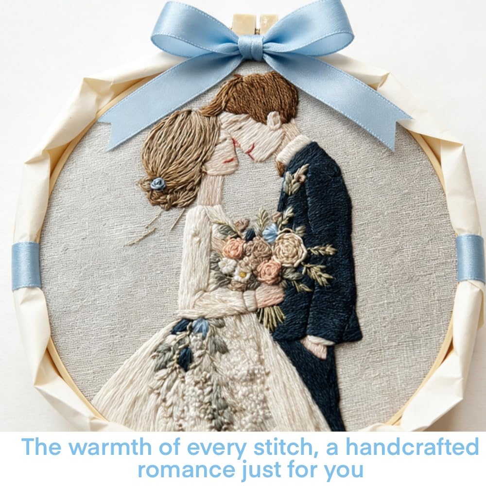 HCANPER Sweet Couple Embroidery Starter Kit, Valentine's Day Gifts，DIY Needle Punch Kit, Punch Needle Kits for Beginners,Include Pre-Printed Fabric,Tools,Embroidery Hoop,Threads. (Four)