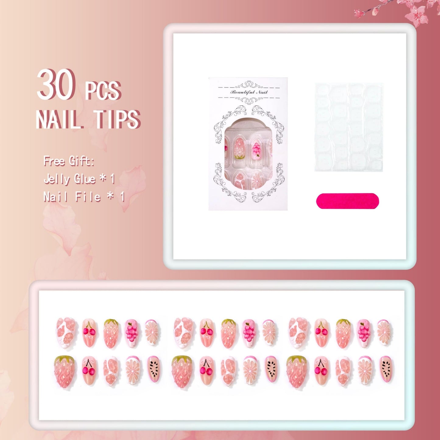 Medium Press on Nails Almond Fake Nails Pink Artificial Nail Cherry Strawberry Grape Daisy Fruit Pattern 3D Sweet Glossy Cute Summer Stick on Nail for Women 30pcs