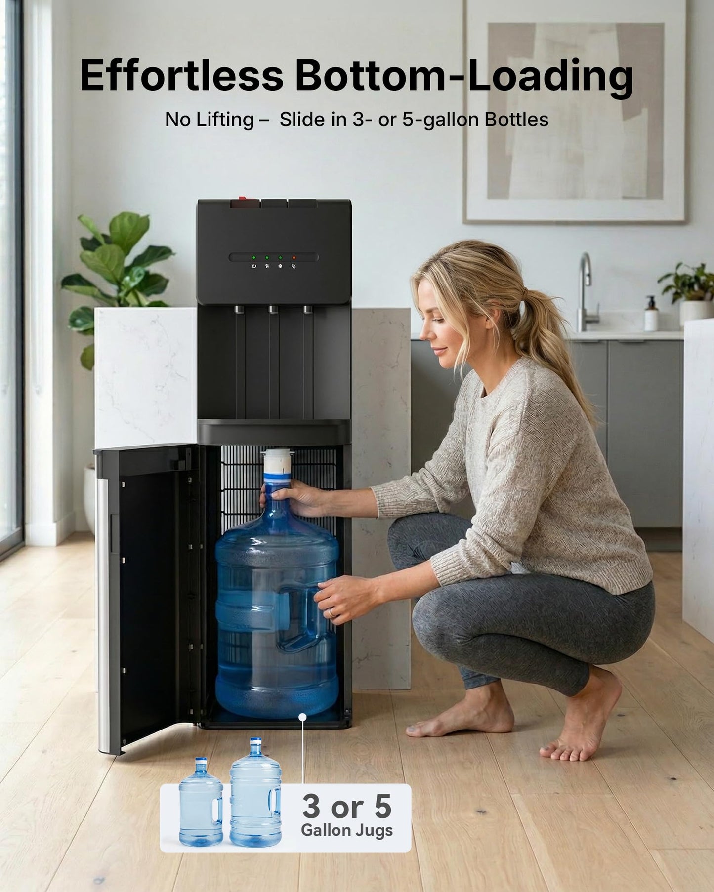 EUHOMY Bottom Loading Water Cooler Dispenser for 5 Gallon Bottle, Hot/Cold/Warm Water Dispenser with Child Safety Lock, LED Display Light, Ideal for Home, Office & Apartment, Black