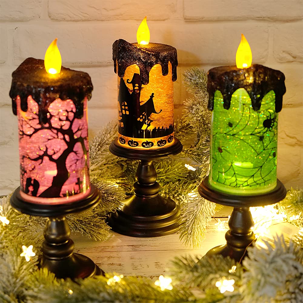 DRomance Halloween Flameless Candle Snow Globe Battery Operated with 6 Hour Timer, Green Light Spider Decal Water Tornado Lamp LED Candlestick Halloween Season Decor Gift 4 x 10 Inches