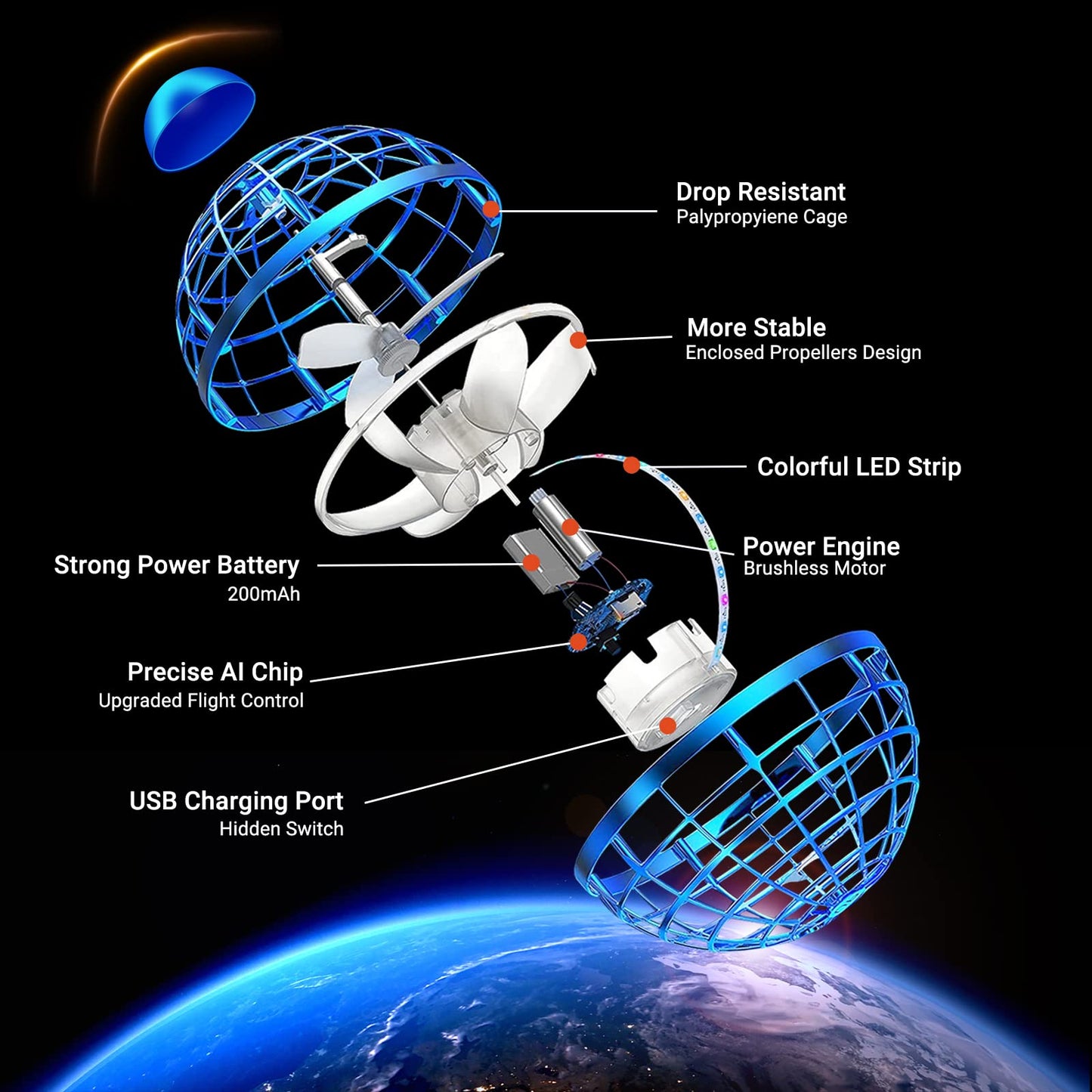 Flashbee Flying Orb Ball 2025 Toys: Cosmic Fly Ball LED Magic Boomerang Hover Orbs - Blue Cool Birthday Gift for Boys Girls Indoor Outdoor - Safe & Durable Fidget Spinner Boomerang Mini Drone