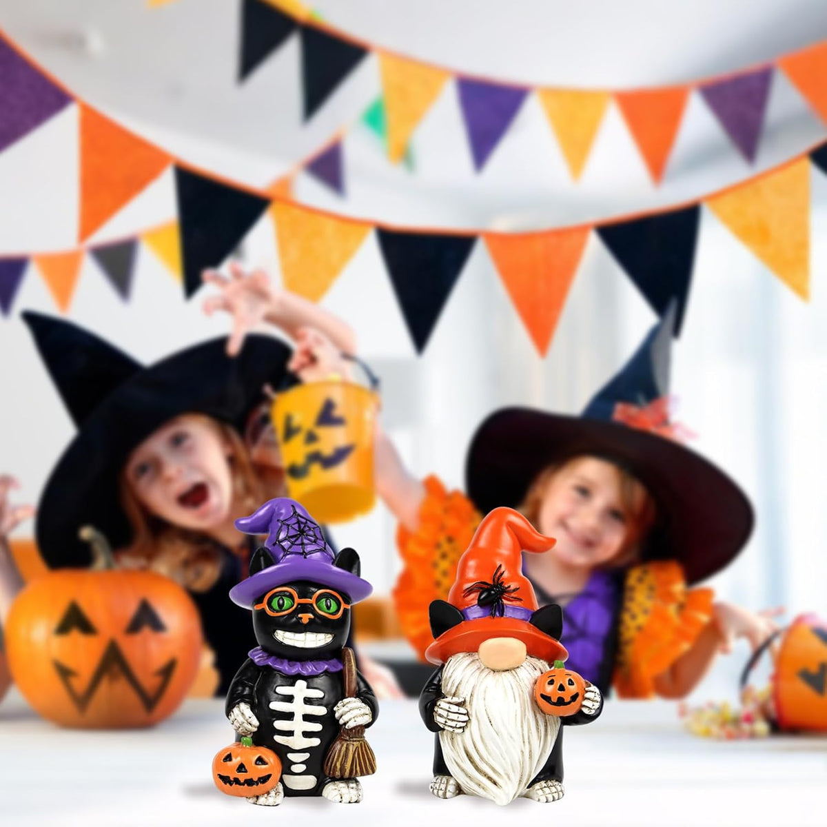 Halloween Gnome Decorations Black Cat Decor 2 PCS Home Vintage Figurines Funny Resin Tabletop Ornaments Indoor Holiday Collectible Statue for Women Men Kids