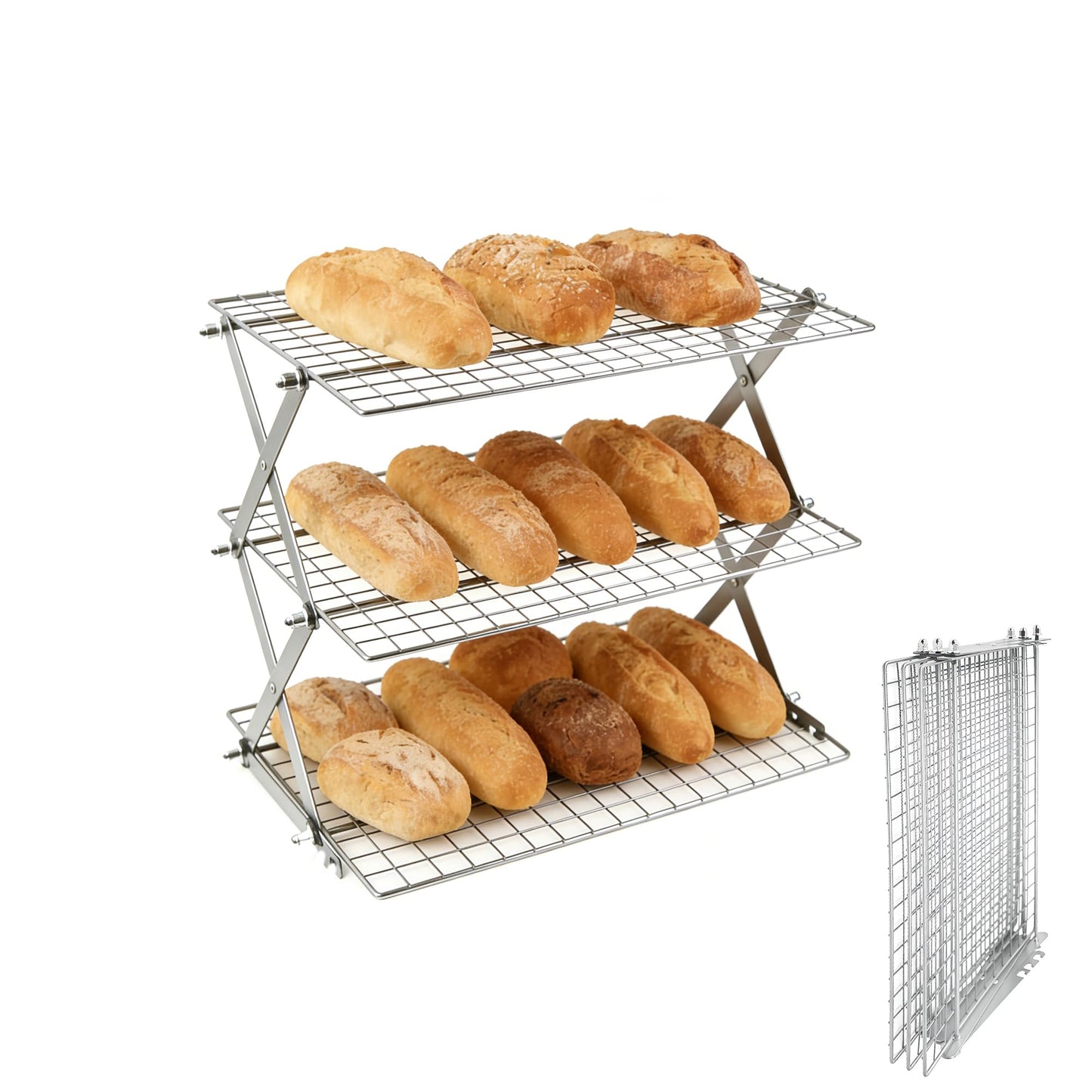 3 Tier Collapsible Cooling Rack with Adjustable 6 Setting Design stackable wire rack for baking sheet for Cookies Baking Gifts for Women (Silver, 3-Tier)