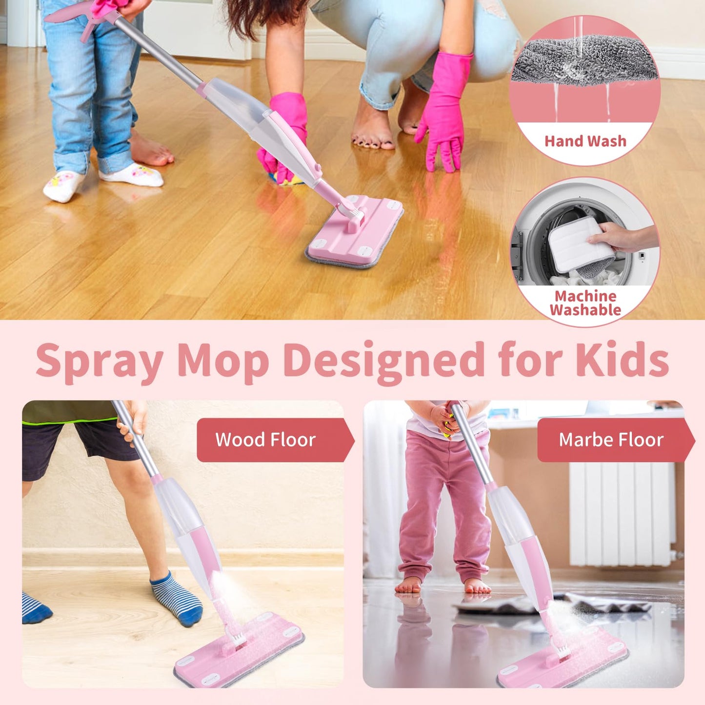 Lullulii Kids Spray Mop,Fun & Functional Toddler Cleaning Set,Real Working Mop for Floors,Pretend Play – Includes Spray Bottle, 2 Washable Microfiber Pads, Montessori Kids Cleaning Toy Set -Pink