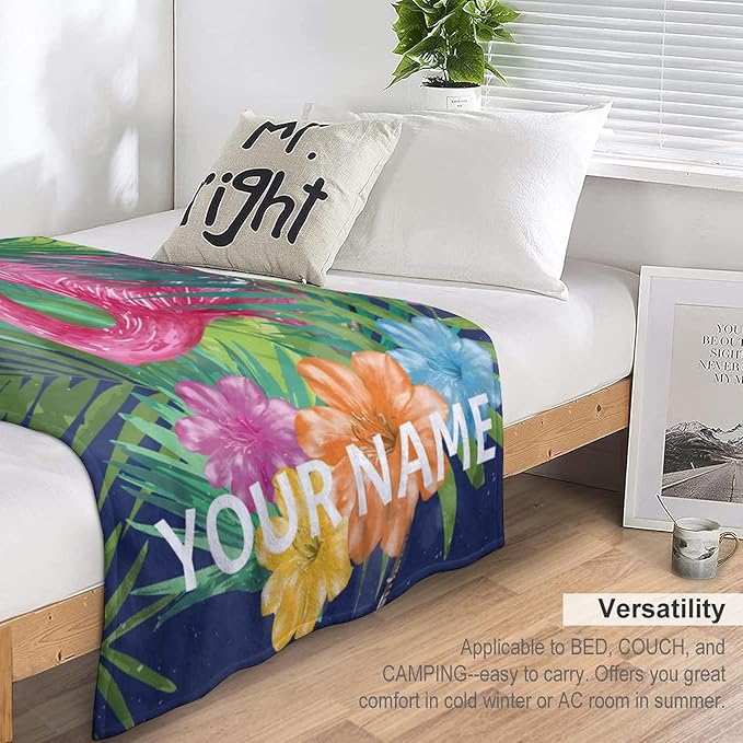 Custom Flamingo Blanket Gifts with Name - 60 x 80 Inches Funny Flamingo Throw for Adults - Green Fluffy Comfort Furry Blankets for Bed