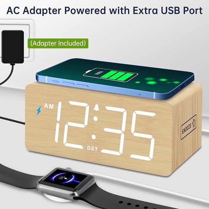 DreamSky Wooden Digital Alarm Clock with Wireless Charging for Bedroom