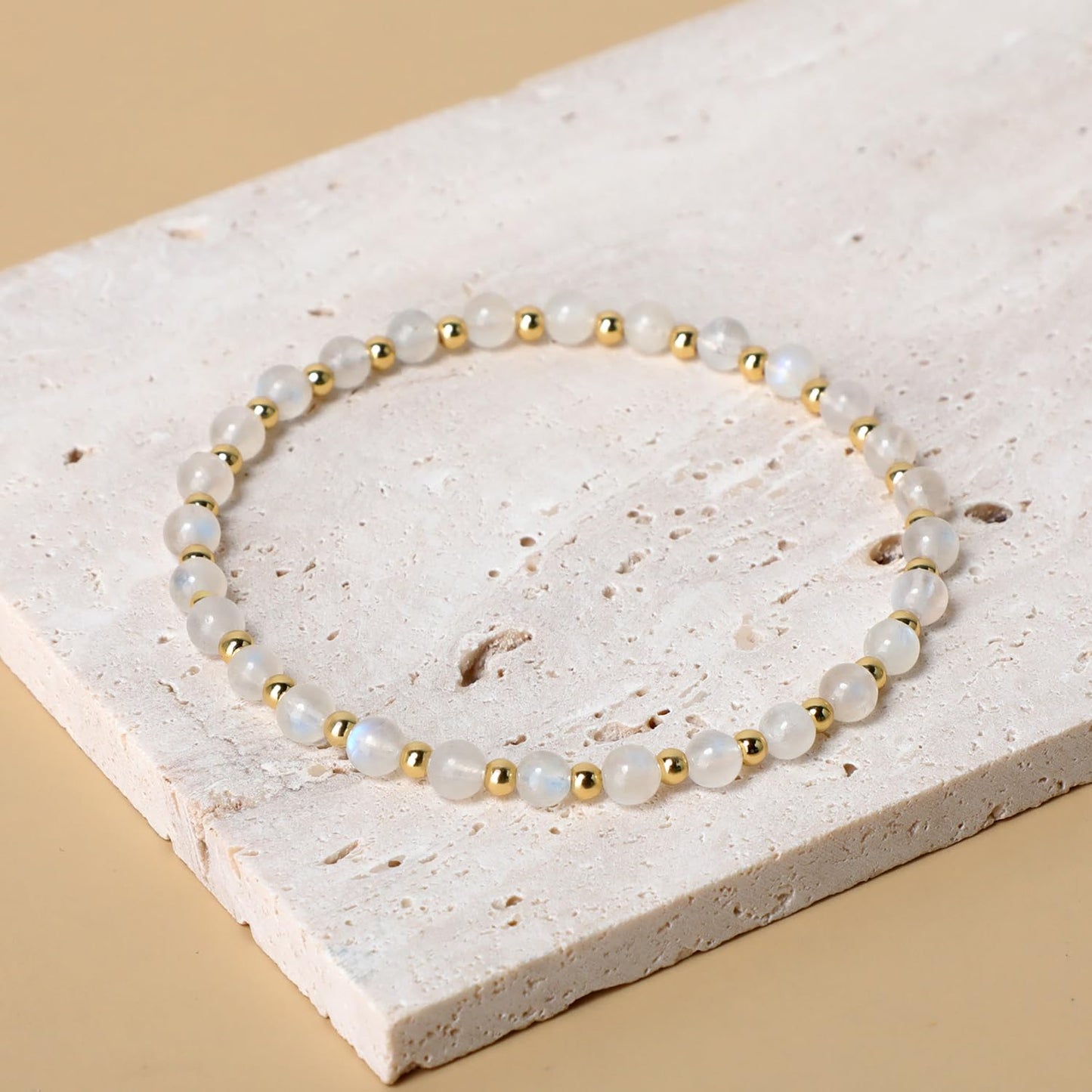 QOGIR Moonstone - New Beginnings - 14K Gold Plated Beads Natural Gemstone Stretch Elastic Dainty Healing Beaded Bracelets Gifts 4mm