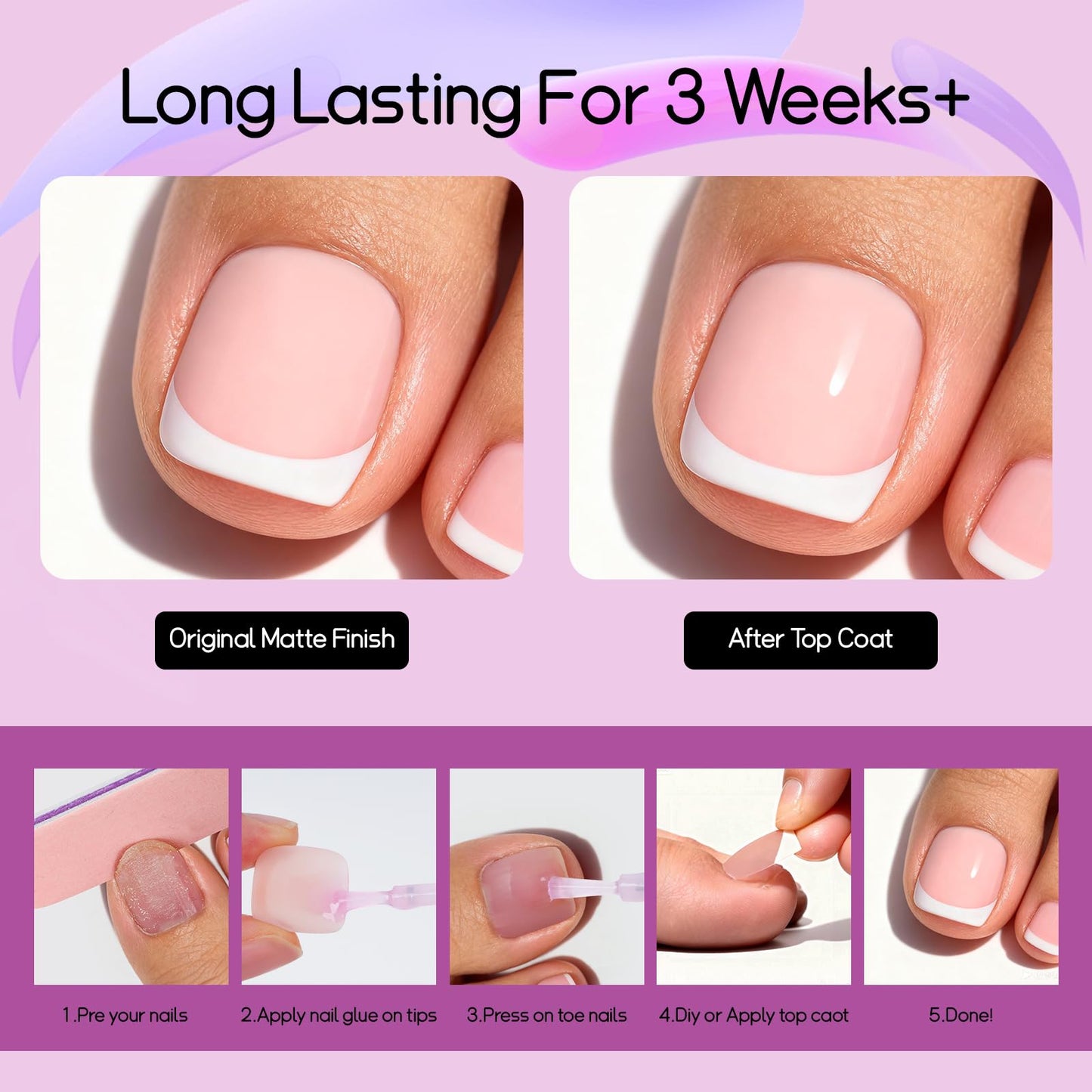 Canvalite Press on Toenails for Women, Big Toe Nail Press ons French Tip Fake Toenails with Glue, Reusable Home DIY Pedicure Set, 16 Sizes