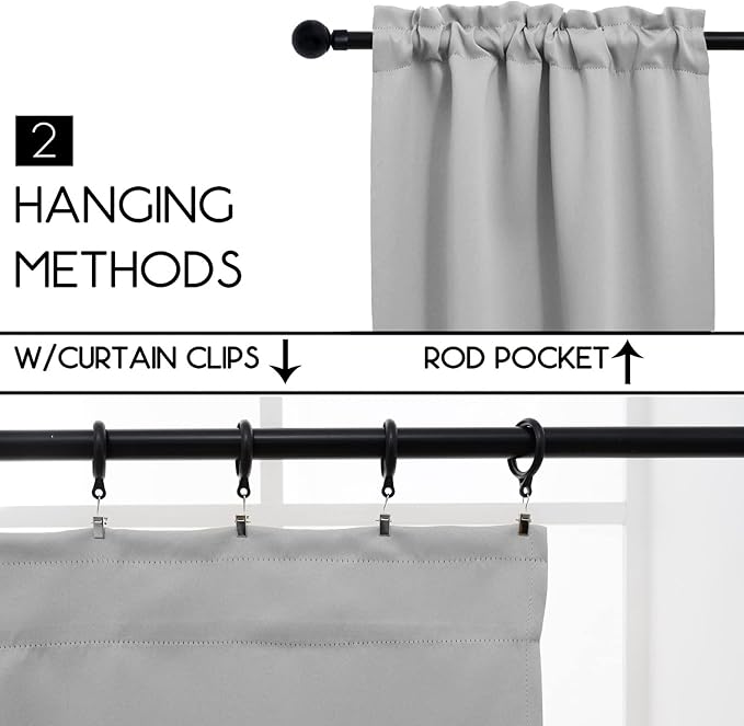 Pickluc Rod Pocket Tier Curtain - Half Blackout Curtain for Kitchen, Bathroom, Cabinet, Basement, 42 Inches Wide and 24 Inches Long, Light Grey, 2 Panels