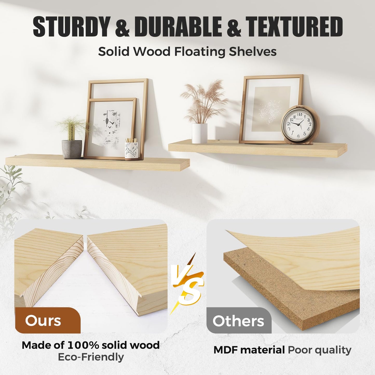 ABSWHLM Floating Wall Shelves 3-Pack - 24-Inch Rustic Wooden Shelves for Storage and Décor, Easy Installation for Living Room, Bedroom, and Kitchen