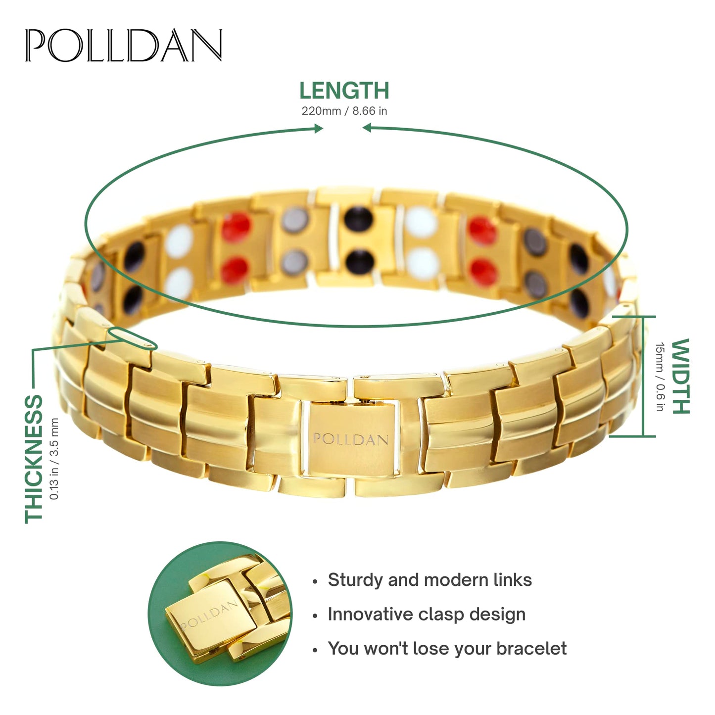 POLLDAN® 3X Power Magnetic Bracelets For Men | 6200 Gauss Strength Mens Titanium Bracelet with Fold-Over Clasp, Adjustable Length, Gift Box, Sizing Tool | Innovative Magnets Alloy - Patent (2X Gold)
