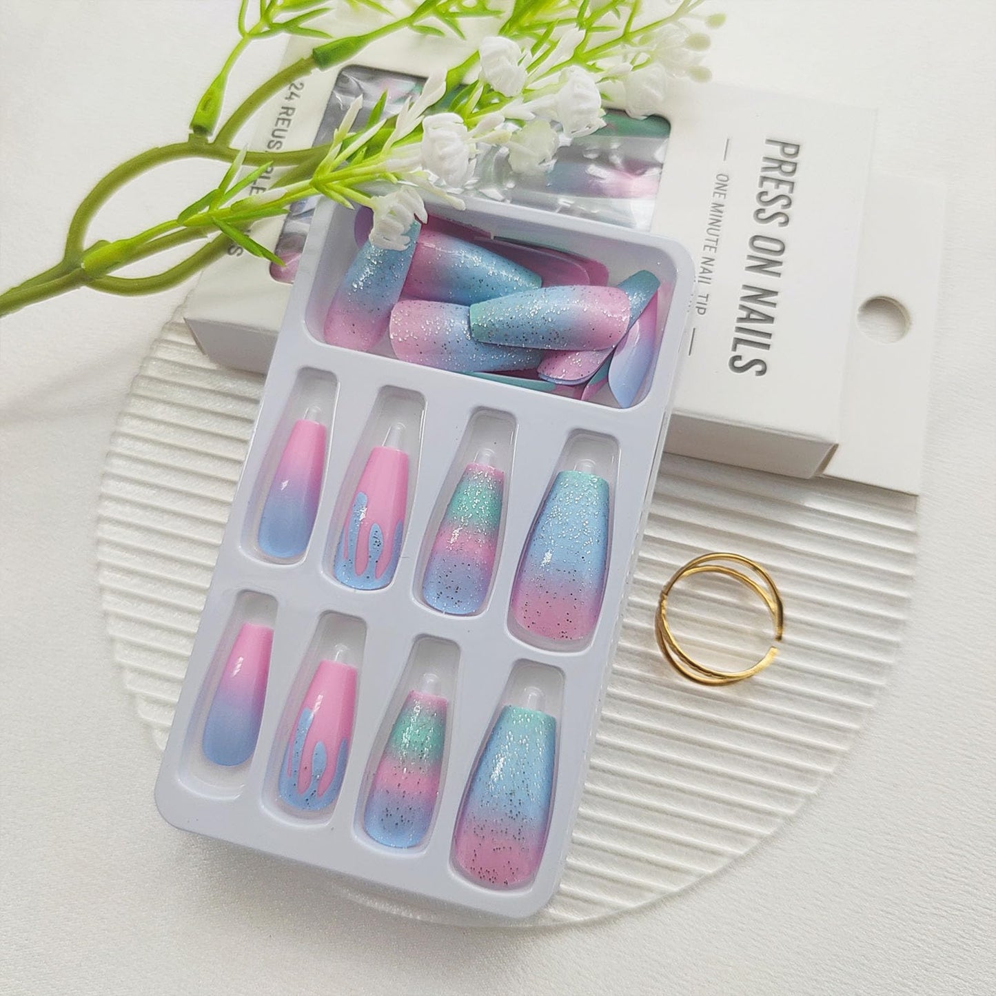 FOLONRAL Coffin Press on Nails Medium Fake Nails Colorful Gradient Nails Press ons Glitter Glue on Nails Cute False Nails Full Cover Artificial Stick on Nails for Women 24Pcs, pink bluegreen