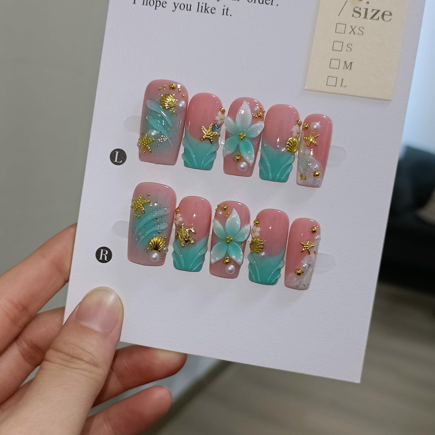 TENPAL Handmade Coffin Press on Nails Medium- Emerald Green Blushing Ombre Fake Nails with 3D Starfish & Shell Design, Coastal Elegance Style Glossy Acrylic Flowers False Nails with Tools(L)