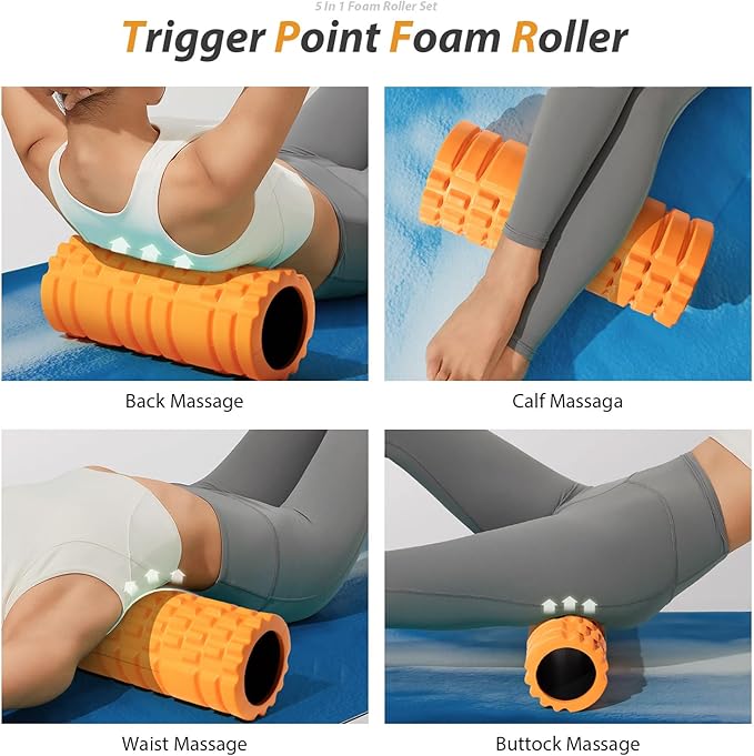 5 in1 Foam Roller Set, Trigger Point Foam Roller, Massage Roller Stick, Massage Ball, Resistance Band for Deep Muscle Massage Pilates Yoga,Fitness Exercise for Whole Body (Orange-Black)