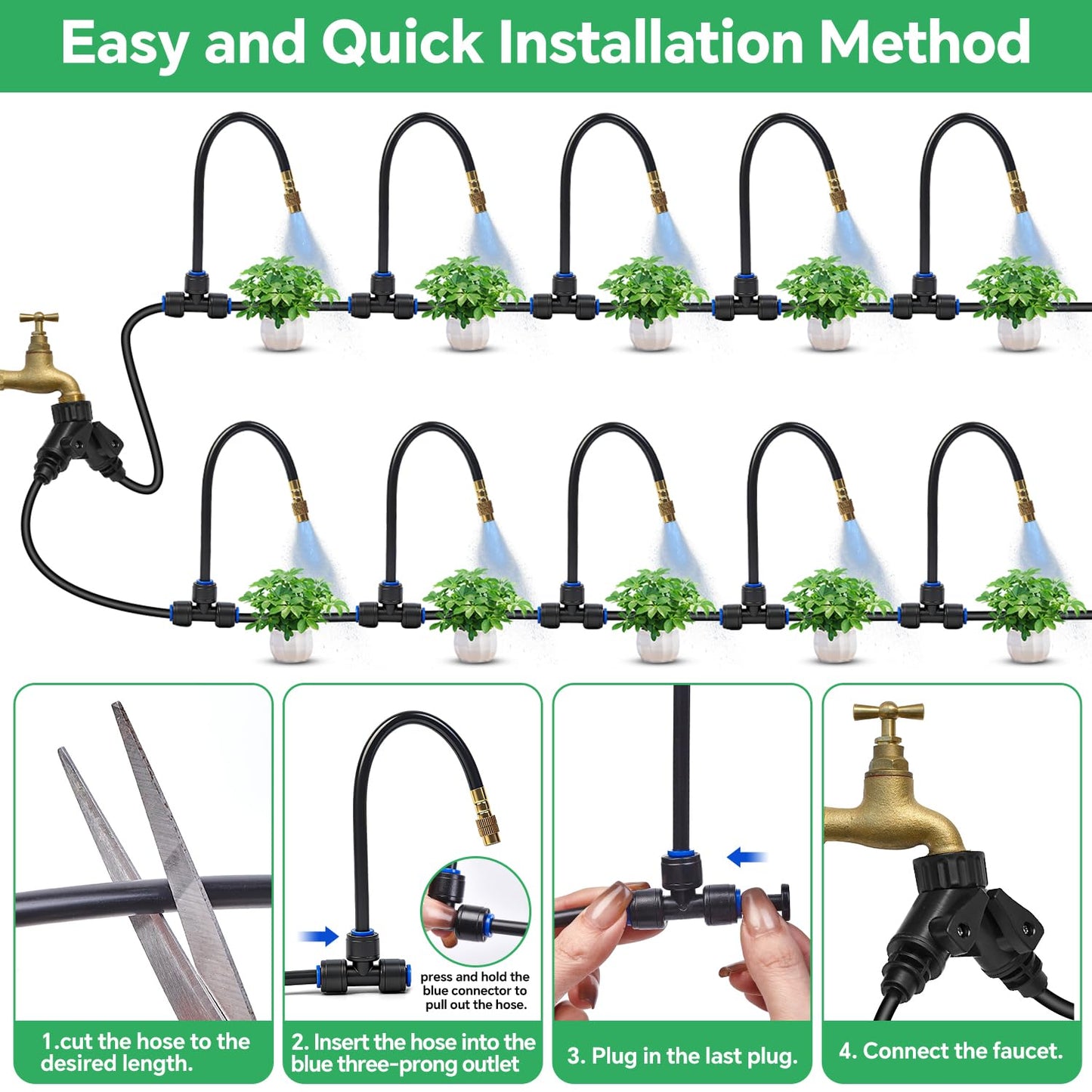 160Ft 1/4" Drip Irrigation System for Garden – 34 Adjustable Copper Nozzles, Automatic Atomizing Sprinkler System for Outdoor Plants Raised Bed, Yard, Potted Plants & Lawn