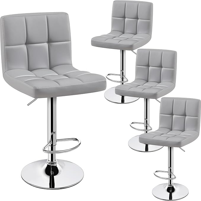 Yaheetech Bar Stools Set of 4, PU Leather Adjustable Barstools, Modern Counter Stools with Back and Footrest, Counter Height Barstools for Bar, Kitchen, Dining Room, Light Gray