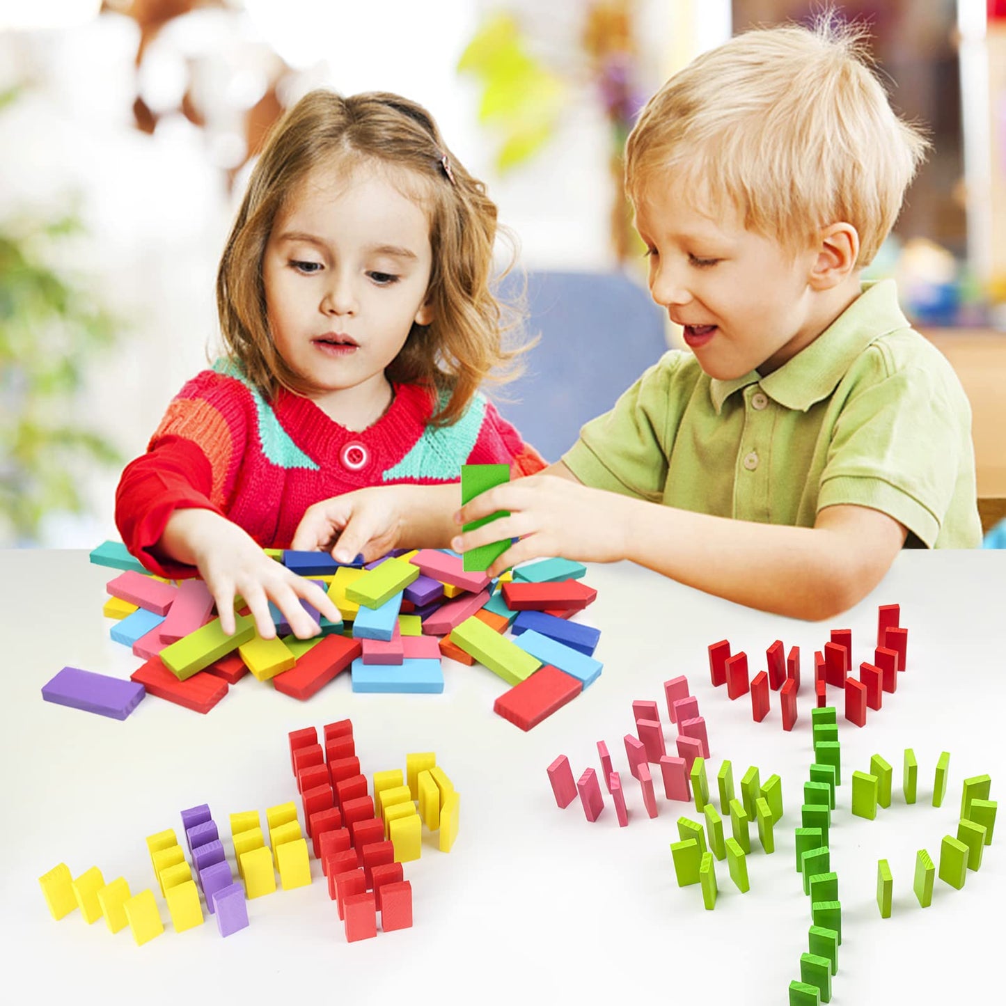 WOOD CITY 1000 Piece Dominoes Set for Kids with Extra 20 Blocks, Colorful Dominos Tiles for Building, Stacking, Racing, Tumbling, Wood Domino with Storage Bag and Box, Educational Toy