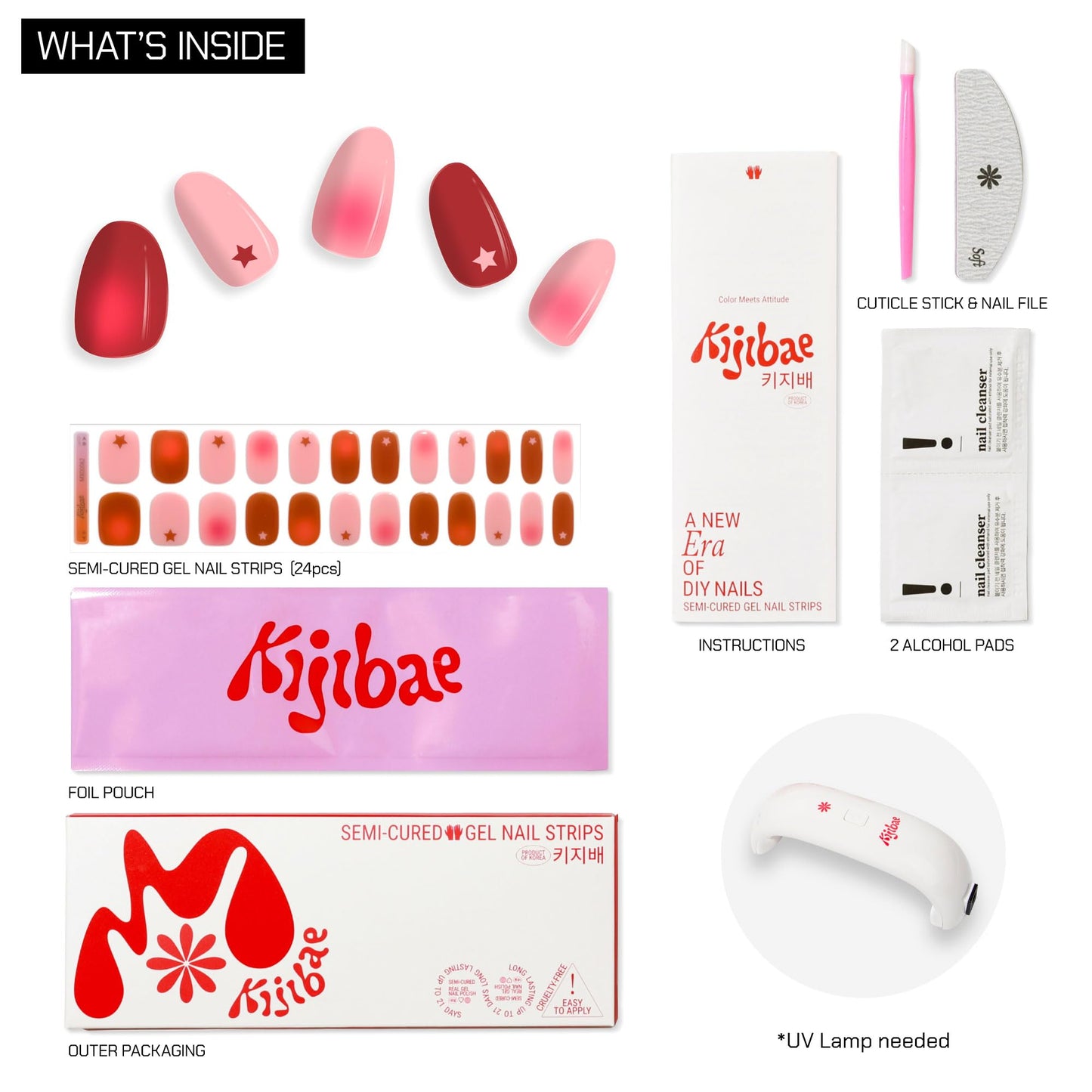 Kijibae Semi Cured Gel Polish Strips | 24pc UV LED Required Wraps | Gift Peel and Stick Nails | Coquette DIY Home Manicure | Press On Alternative (Star Burst)