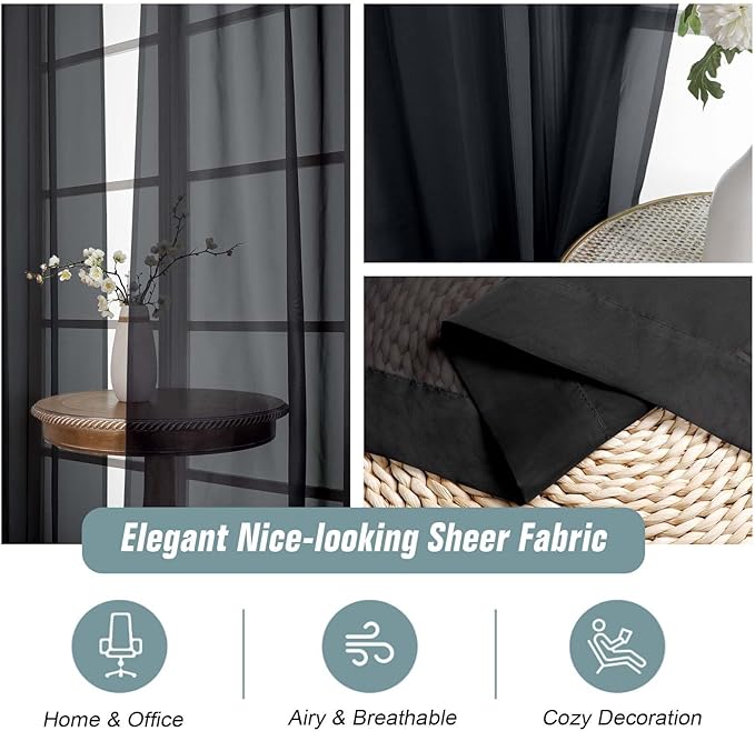 Halloween Black Sheer Curtains for Window 96 Inches Long 2 Panels Set, Soft Airy Light Filtering Voile Sheer Curtains for Living Room Bedroom, Dual Rod Pocket Window Drapes, 2x42Wx96L Inches