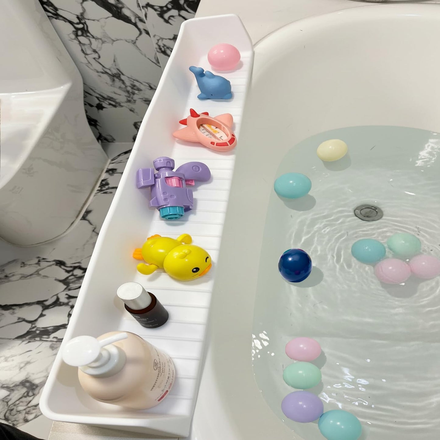 DubiLaka 31.5" Bathtub Splash Guard for Kids & Toddlers - Silicone Play Shelf & Toy Storage Tray with Strong Suction Cups to Prevent Water Spills, No-Leak Fun Bath Time - Tub Toy Holder Ledge,White