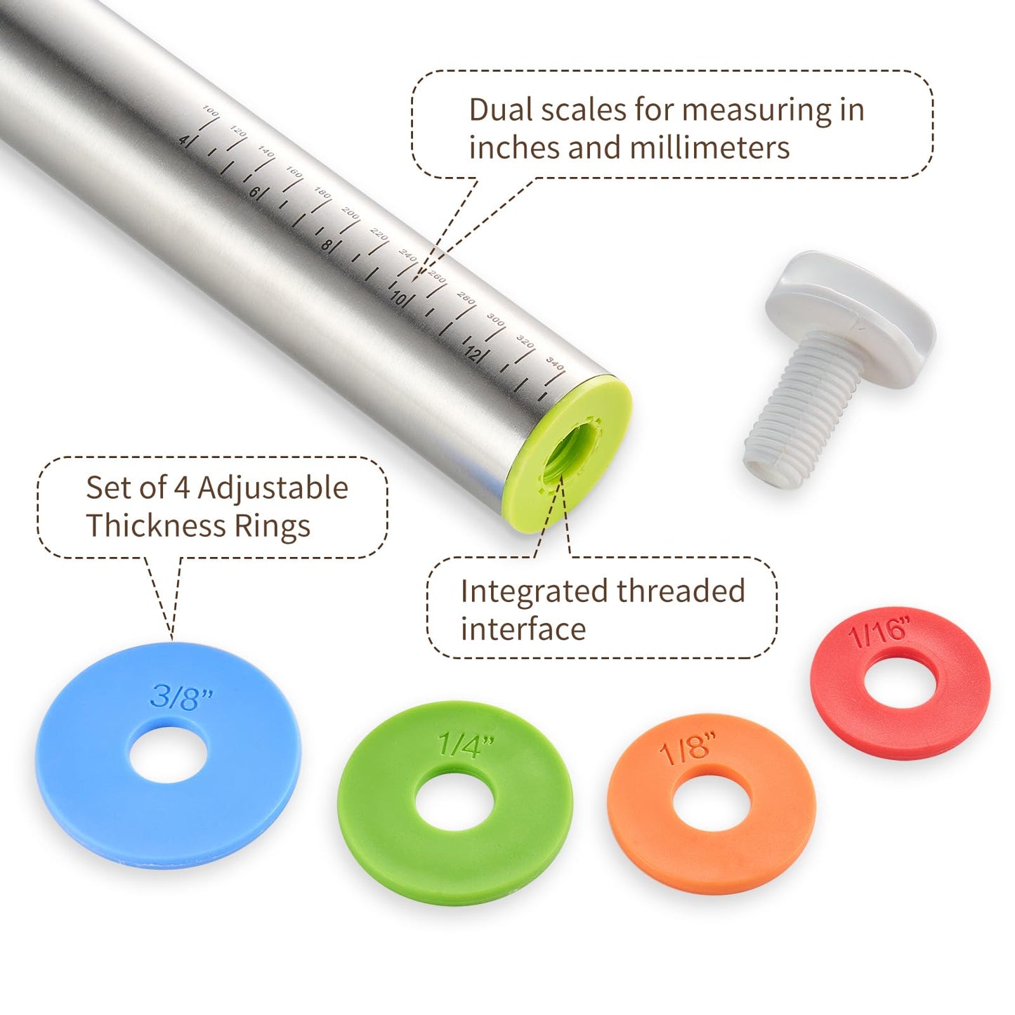 Adjustable Rolling Pin for Baking, with Thickness Rings Stainless Steel Dough Roller Pins for Pasta, Pizza, Pie Crust, Pastry and Cookie Making