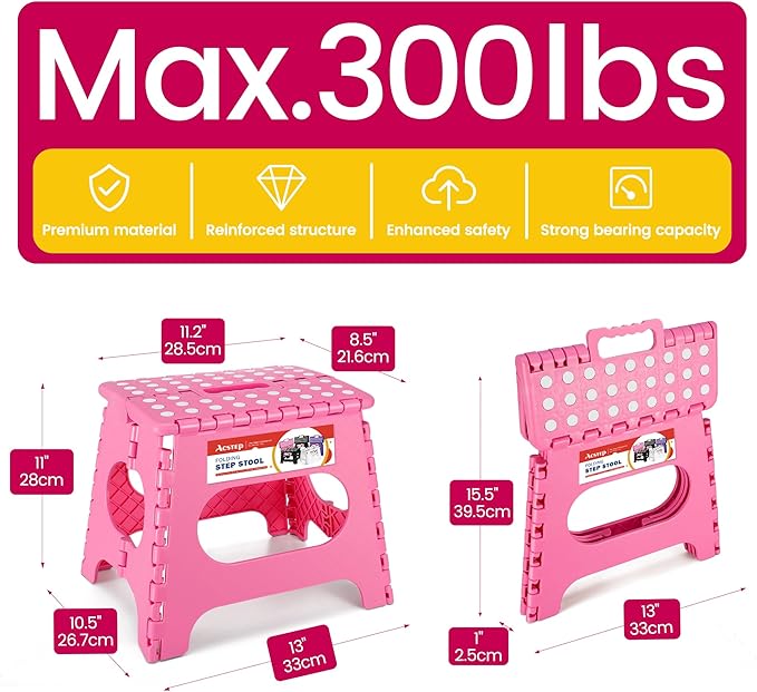 ACSTEP Folding Step Stool for Adults-11 Height Lightweight Plastic Stepping Stool. Foldable Step Stool Hold up to 300lbs Non Slip Collapsible Stool for Kitchen, Bathroom, Pink