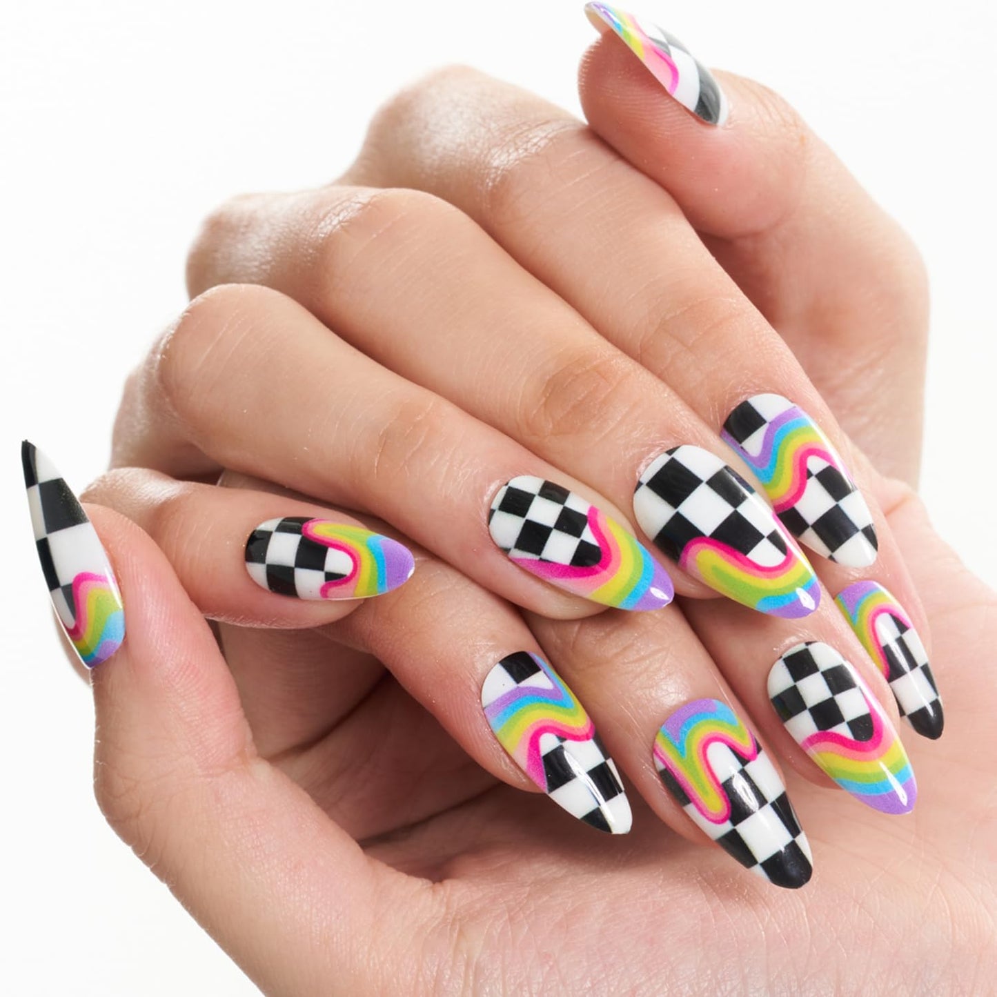 GLAMERMAID Rainbow Press on Nails Medium Almond, Y2K Rainbow Crush Gel Glue on Nail with Checkerboard Color, Glossy Short Stiletto Reusable Fake Nails, Acrylic False Nails Manicure Kit for Women