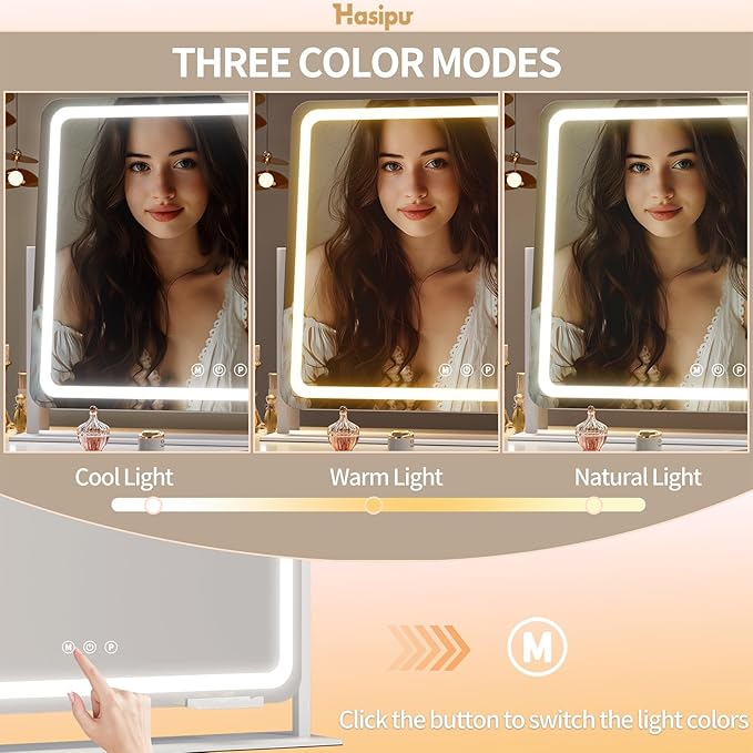 Hasipu Vanity Mirror with Lights, 34.3" x 25.2" LED Makeup Mirror, Light up Mirror with 10X Magnification and Phone Holder, USB Charging Port, Smart Touch 3 Colors Dimmable (White)