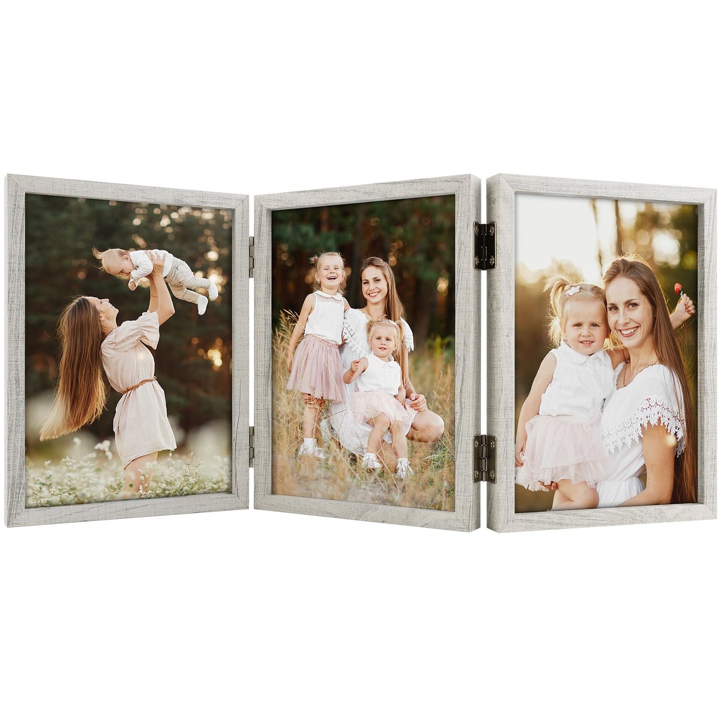 Space Art Deco Triple 5x7 Picture Frame, 3 5x7 Folding Photo Frame, Standing Vertically on Desktop or Tabletop, Home Decorative Christmas Holiday Gift, Whitewashed Oak