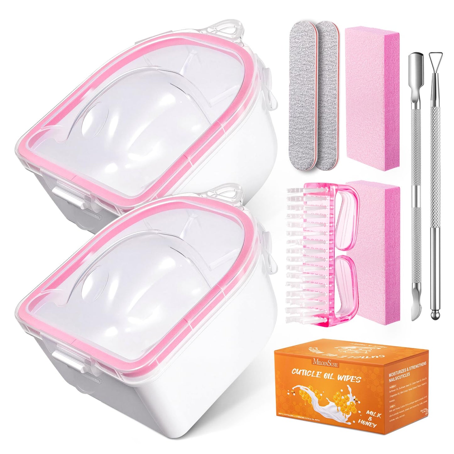MelodySusie Nail Soaking Bowl,Soak Off Gel Polish Dip Powder Remover,Manicure Bowl Cuticle Peeler Scraper Nail File and Buffer Nail Brush MINI Cuticle Oil 100Pcs