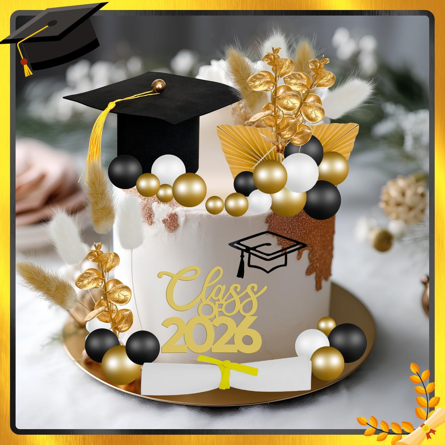 41 Pcs Graduation Cake Decorations Kit Including Class of 2026 Graduation Cake Topper Graduation Cap Diploma Folding Fan Cake Balloon Topper Foxtail Grass for Senior College Grad Congratulations Party
