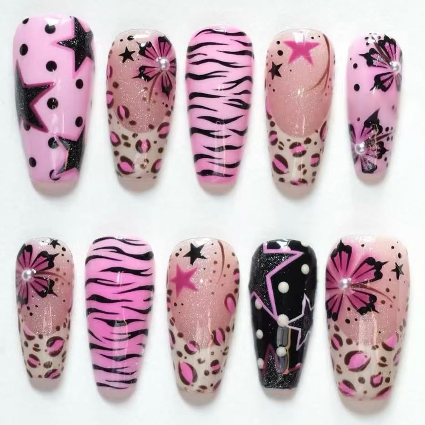30Pcs Medium Press on Nails Square Fake Nails with 3D Pearl-decorated Y2K Style Five-Pointed Star Zebra Stripe Flower Design Glossy False Nails French Nail Tips Cute Stick on Nails for Women