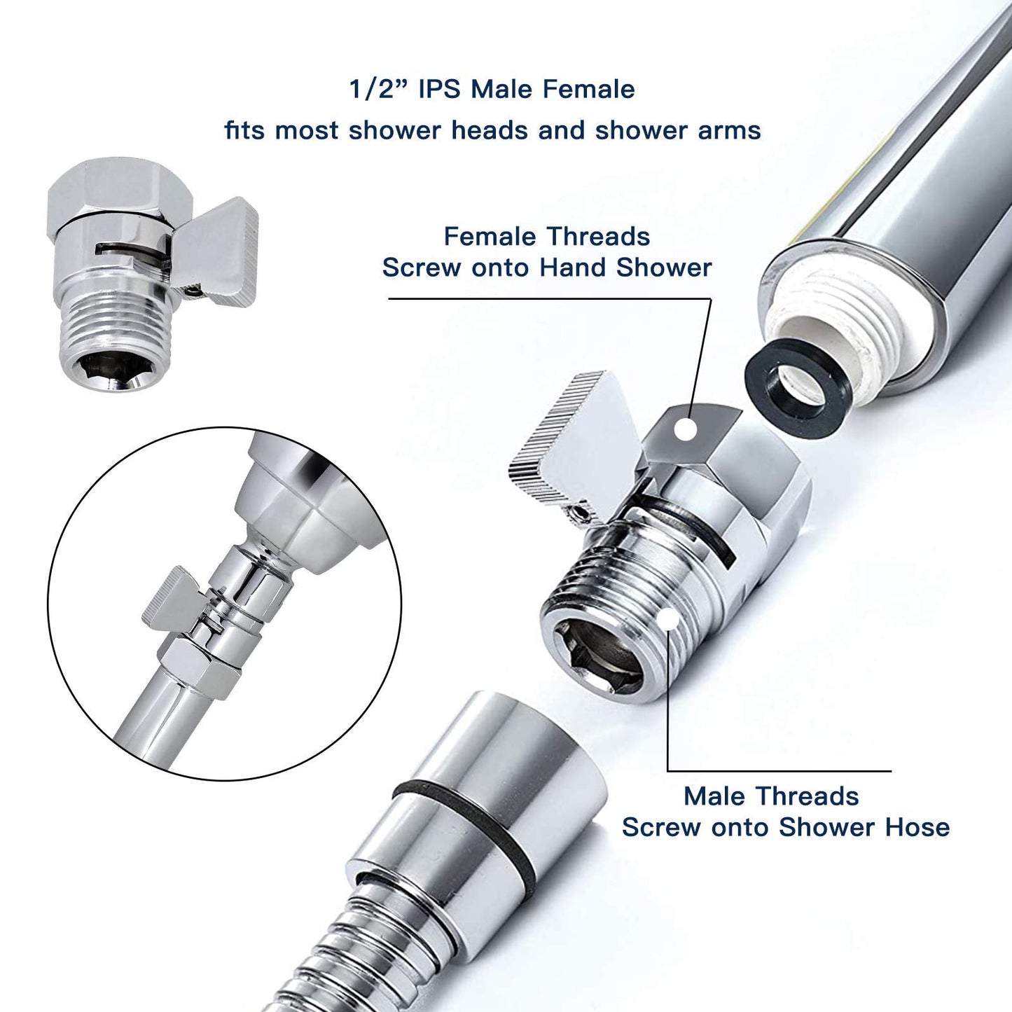 Aquafaucet Water Flow Control Valve Water Pressure Regulator Hand Shower & Bidet Sprayer Control Shut Off Valve Showerhead Brass Turn off Valve Polished Chrome G1/2 Standard Connection