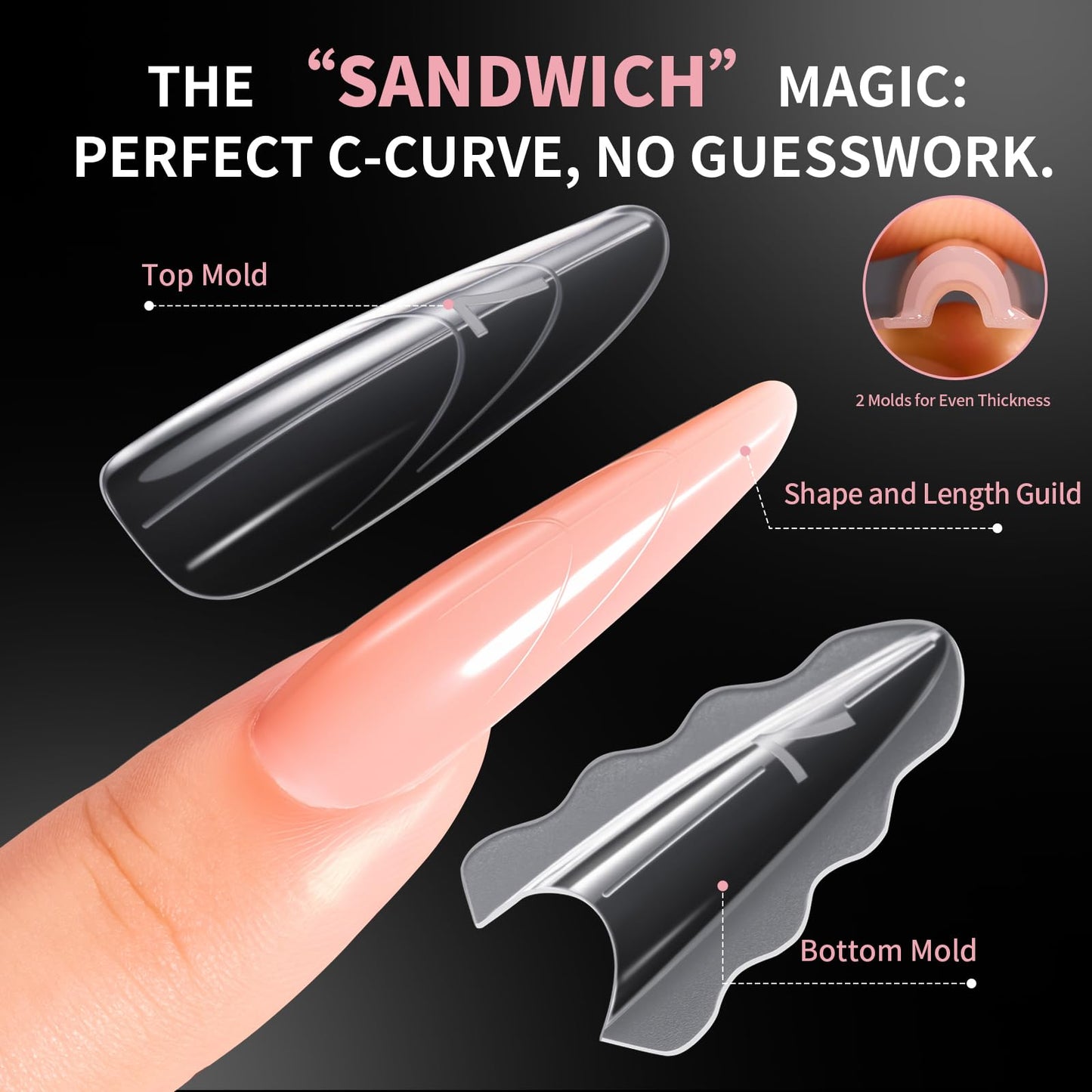Makartt Sandwich Dual Nail Forms: Long Almond Shape Molds for Gel Extension, 280Pcs 14 Sizes,Extend for Builder, Poly Nail Gel or Acrylic System, Reusable, Easy and Quick Home Salon Manicure DIY