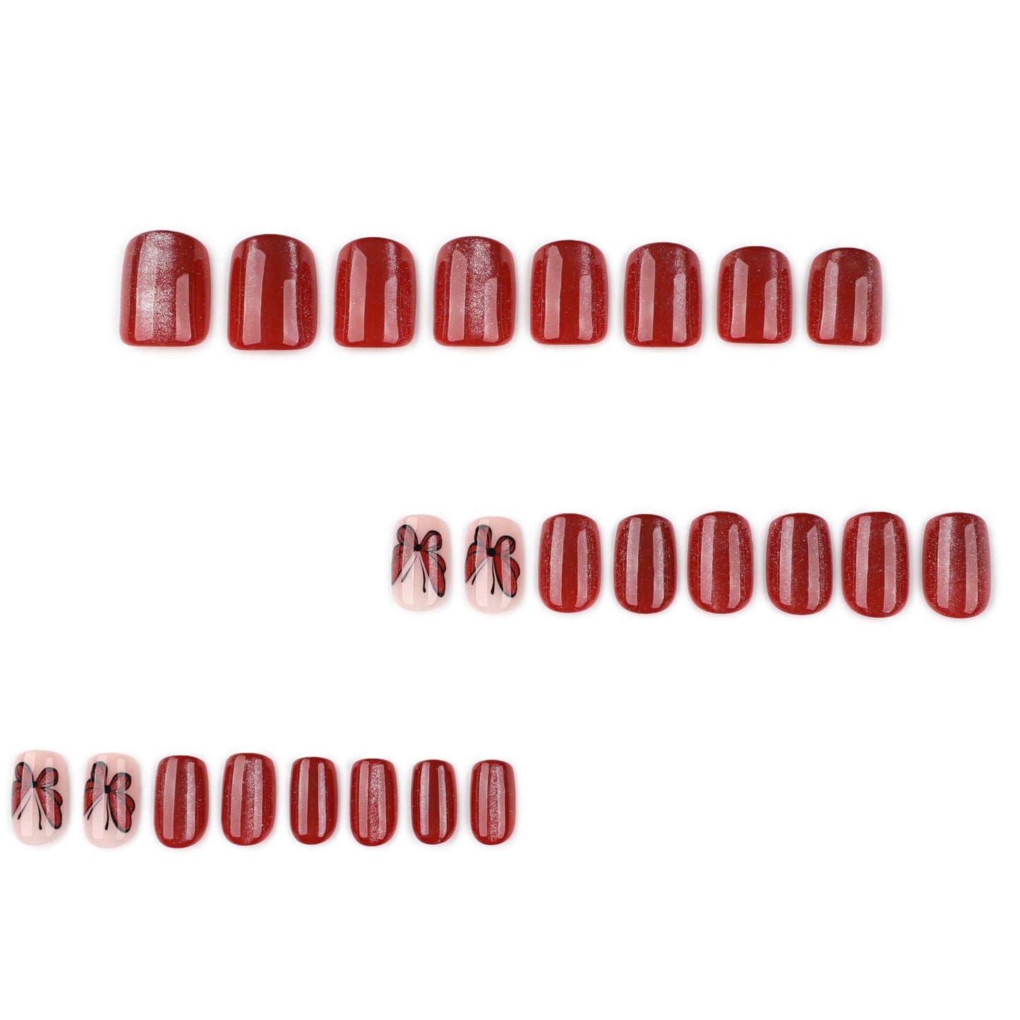 Short Press on Nails Square Fake Nails with Butterfly Design Dark Red Glossy Full Cover Stick on False Nails for Women Manicure 24Pcs