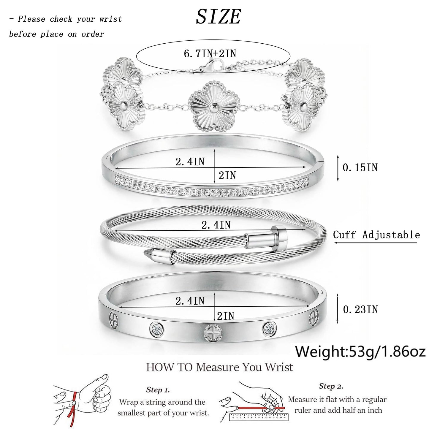 ISELBDR 18K Silver Bracelets for Women - Stackable Clover & Nail Love Bangle Set - Non-Tarnish Stainless Steel Jewelry for Valentine's, Mother's Day & Christmas (Silver-1)