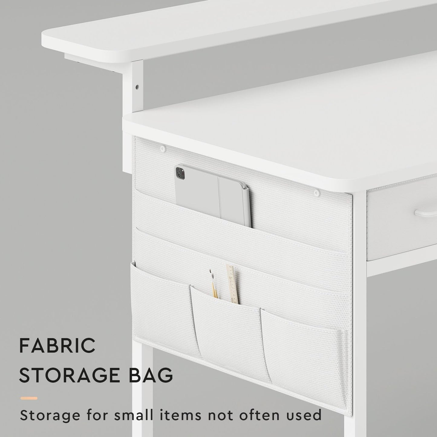 Maihail Small Desk with Drawers, 39.4X15.8-22.9 Inches Office Computer Desk with Side Pocket & Ergonomic Monitor Stand, Writing Table for Small Spaces, Bedroom, White