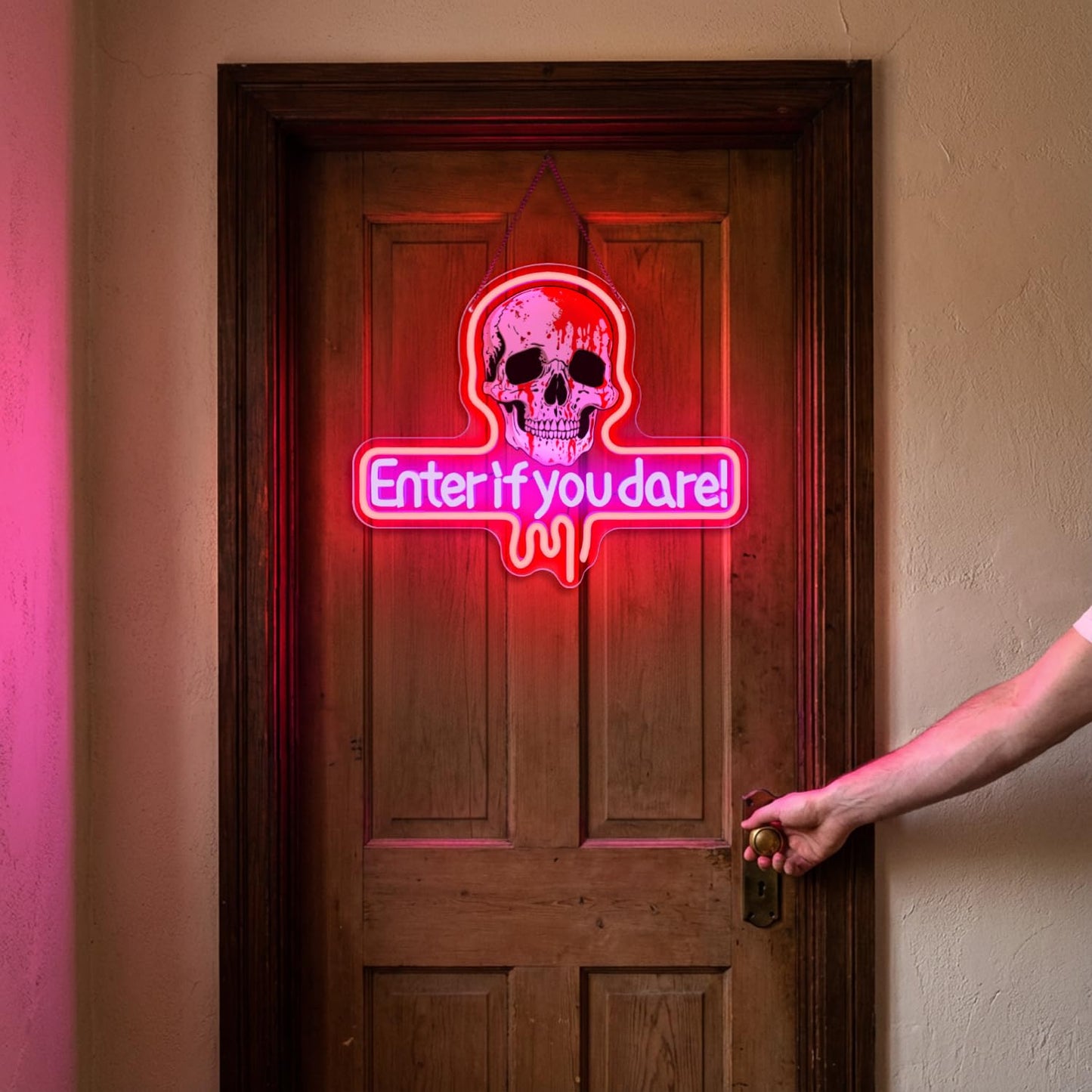 Sneignon Enter If You Dare Neon Sign for Halloween Haunted House Décor,Skull LED Neon Light Wall Sign with Adjustable Brightness,USB Powered Spooky Neon Wall Art for Party Room Bar Bedroom Decoration