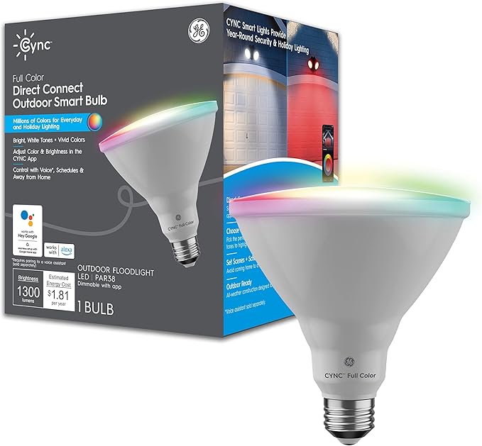 GE Lighting CYNC Smart LED Light Bulb, Color Changing Lights, Bluetooth and Wi-Fi Lights, Works with Alexa and Google Home, PAR38 Outdoor Floodlight (1 Pack)