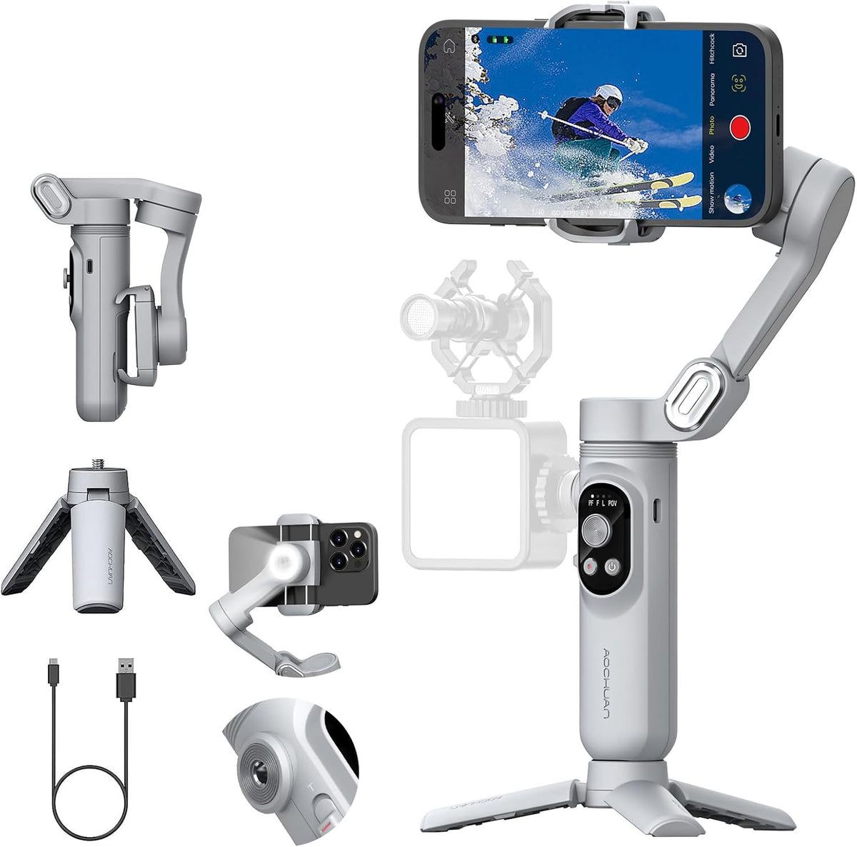 Gimbal Stabilizer for Smartphone with Face/Object Tracking for iPhone 15 14 Pro Max Android,3-Axis Foldable Phone Gimbal w/Built-in Light,1/4 Threads for TikTok YouTube Vlogging(Smart X Grey)