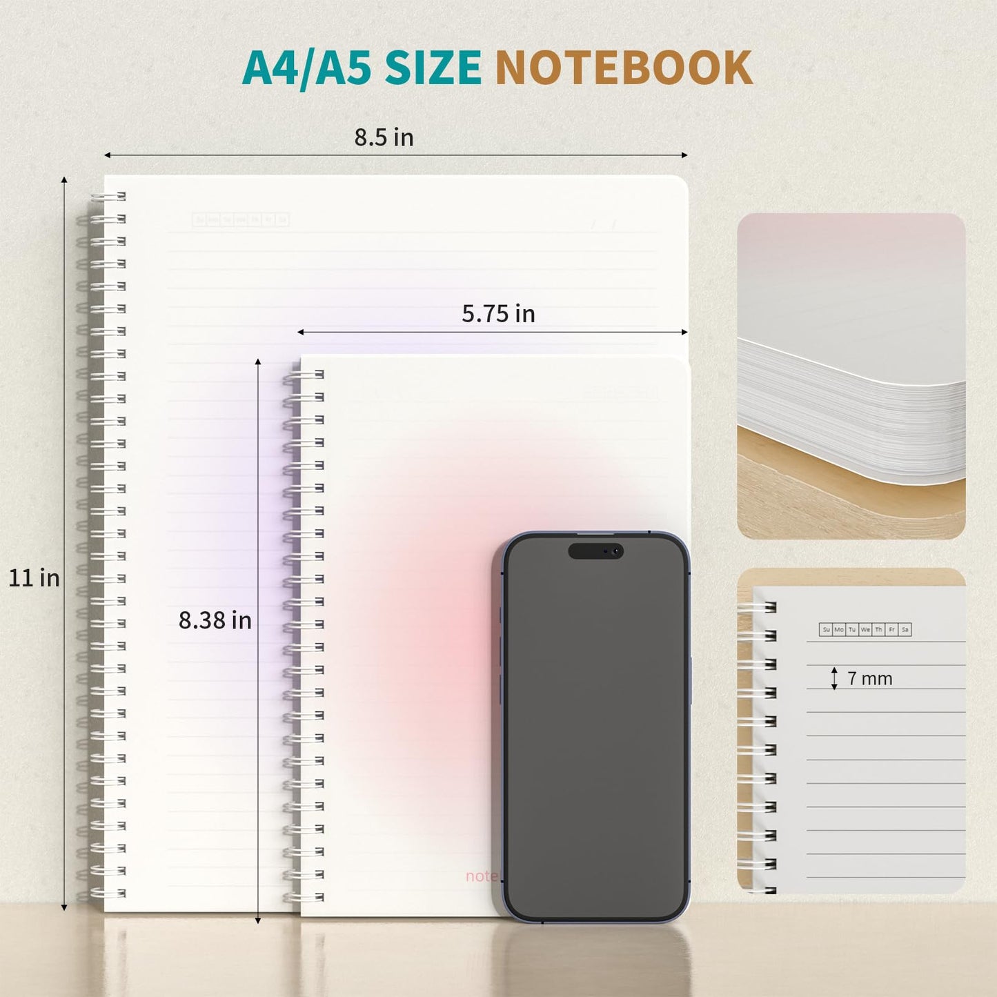 Spiral Notebook A4 College Wide Ruled Notebooks 4 Pack 8.5" x 11" Journaling Notebooks 140 Pages 100GSM Gradient Small Lined Notebooks Waterproof PP Cover for Note Taking for Work School Business Travel